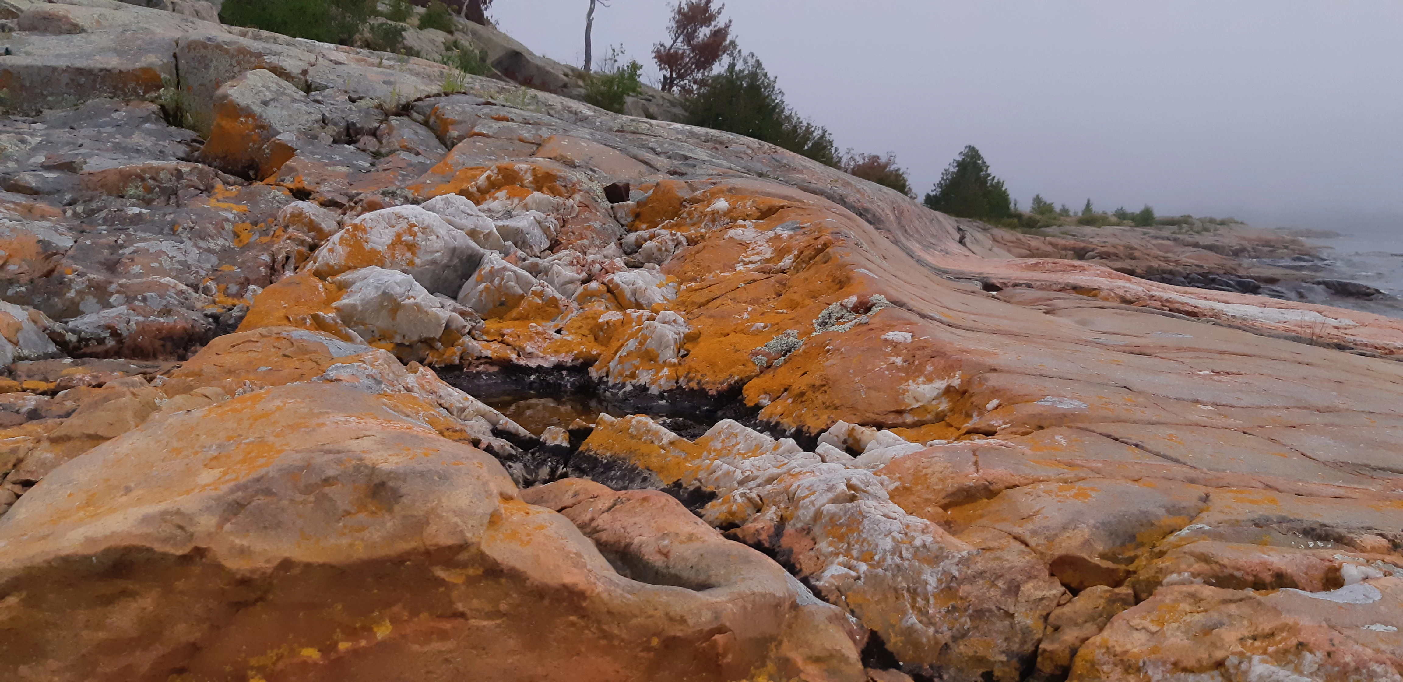 White crystals on granite rocks with orange lichen on An island in the Georgian Bay near Killarney, Ontario named Etches Island
