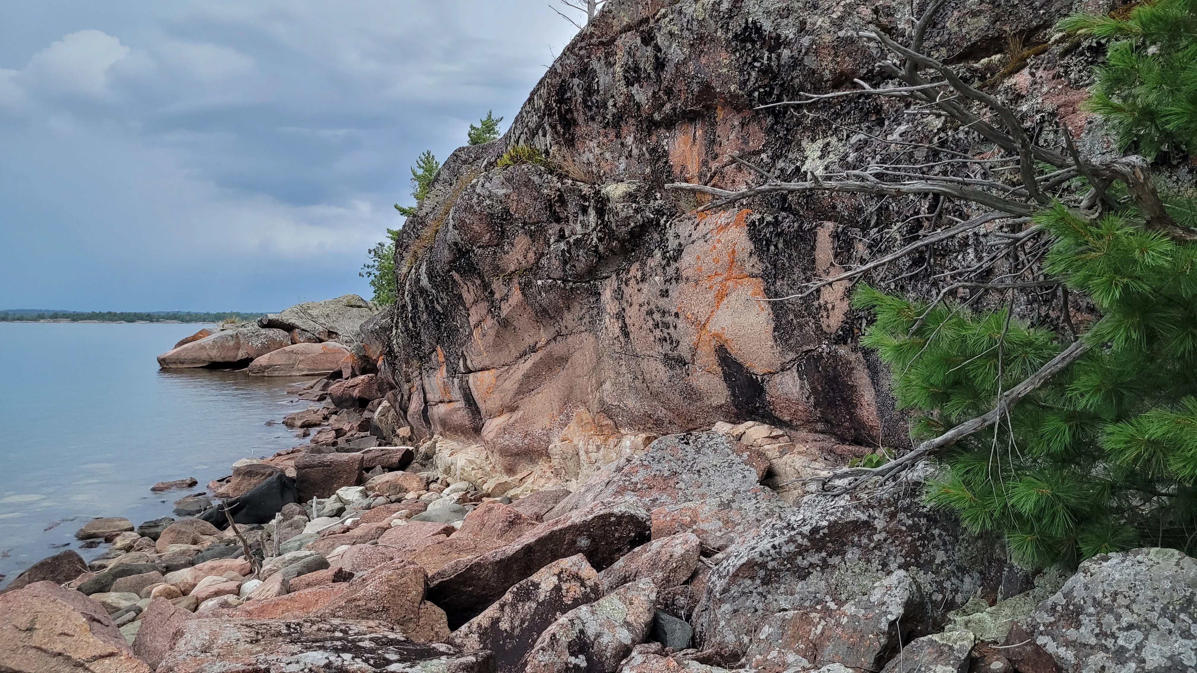 A colorful cliff wall on North Benjamin Island in Northern Ontrario, Canada