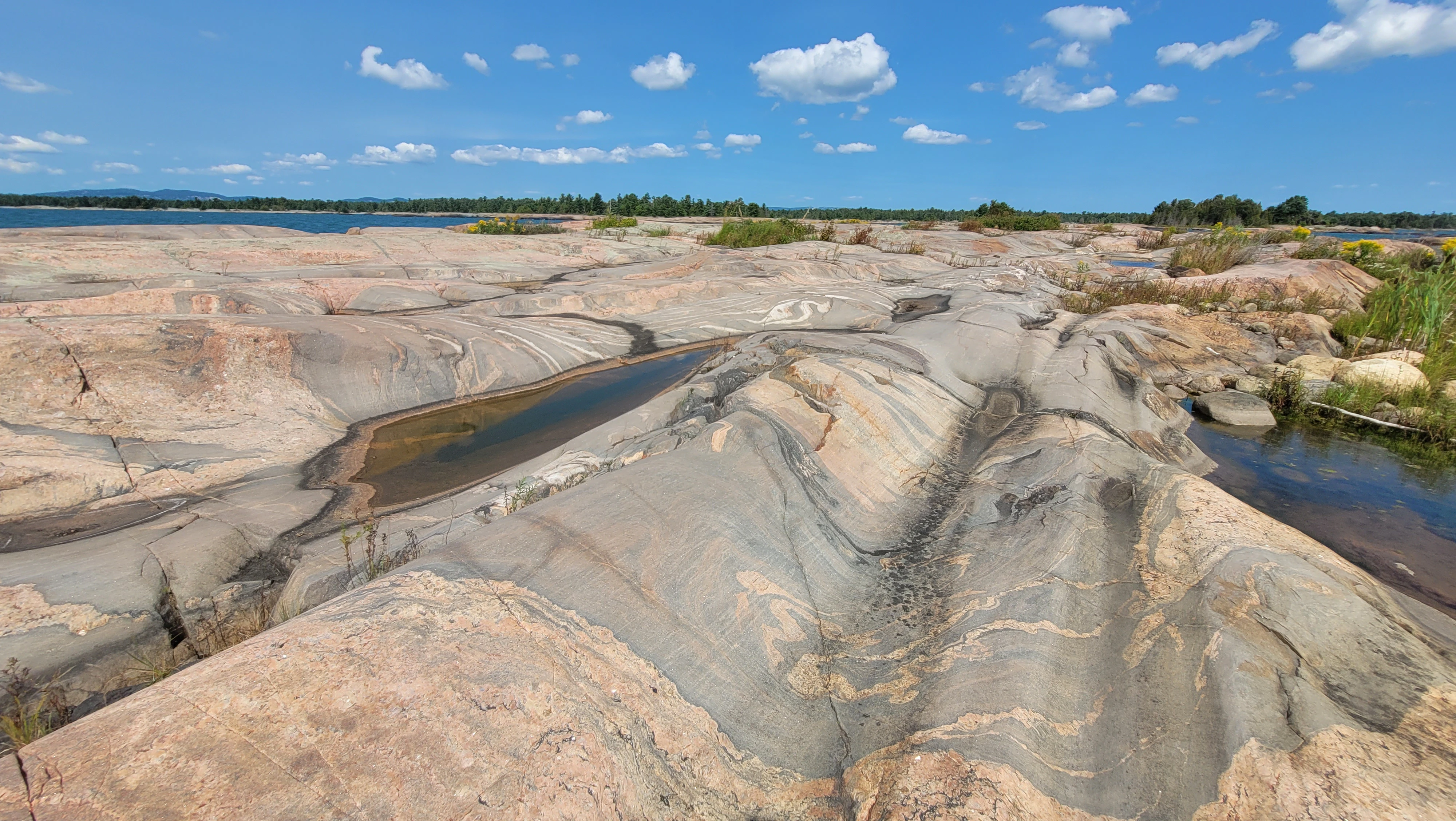 A granite rock with swirling white and pink veins on a rock in East Desjardins Bay near Phillip Edward Island