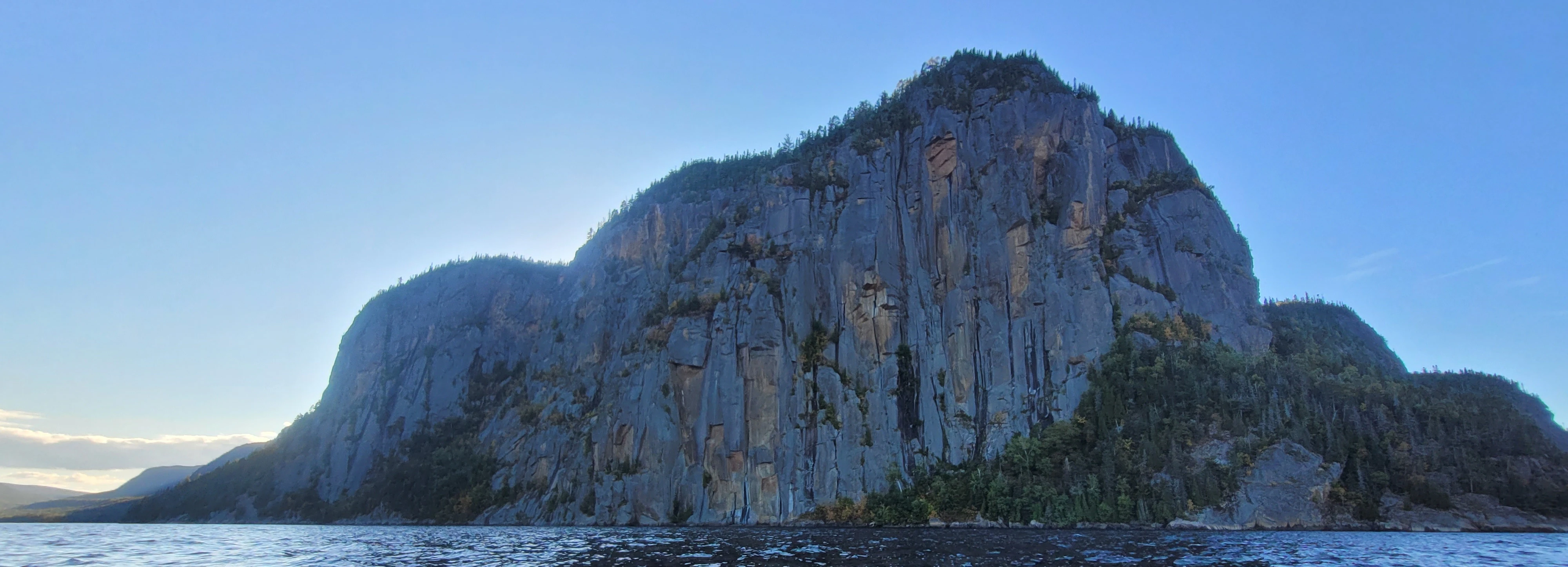 Wide angle view of granite cliffs in the Saguenay Fjord