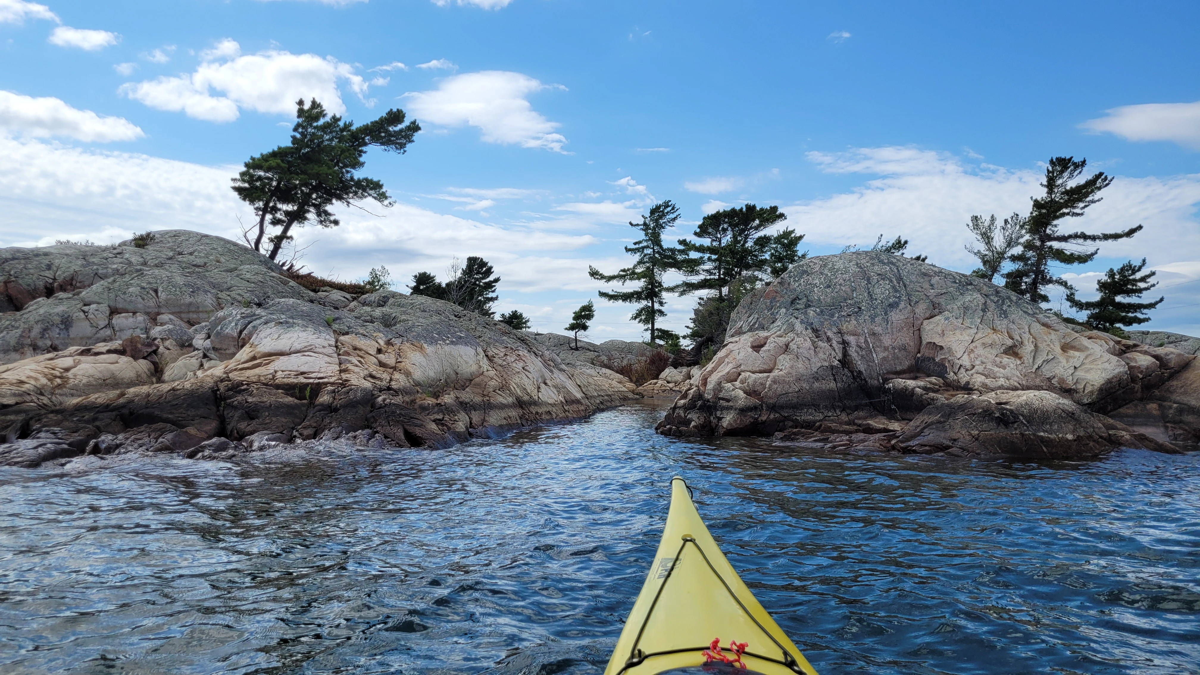 Islands and windswept pine trees during a kayk trip to McGregor Bay in Lake Huron in Ontario Canada